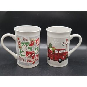 Royal Norfolk Christmas mugs Set Of 2, Red Truck, Christmas Stamps